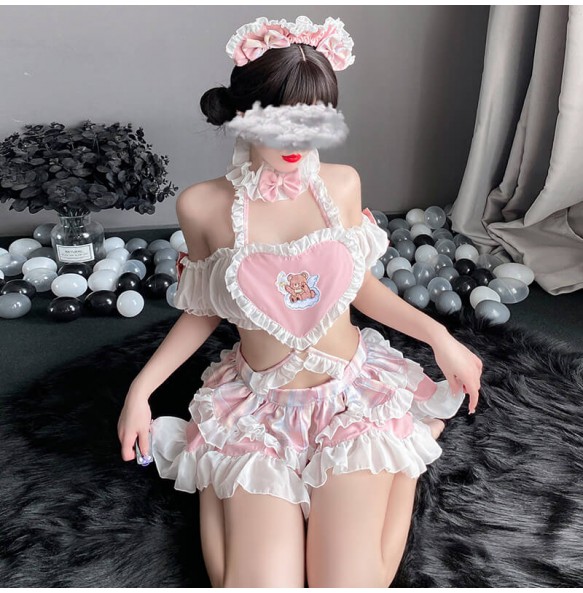 FEE ET MOI - Cute Maid Heart-Shaped Backless Dress With Stockings (Pink - White)